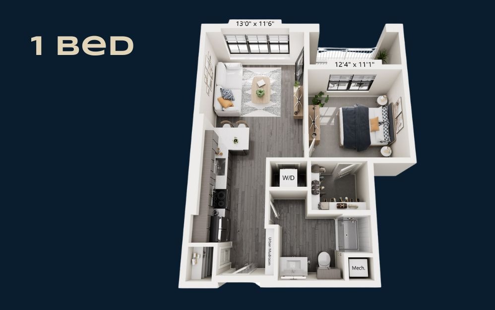 ELM - 1 bedroom floorplan layout with 1 bathroom and 680 square feet ELM - 1 bedroom floorplan layout with 1 bathroom and 680 square feet