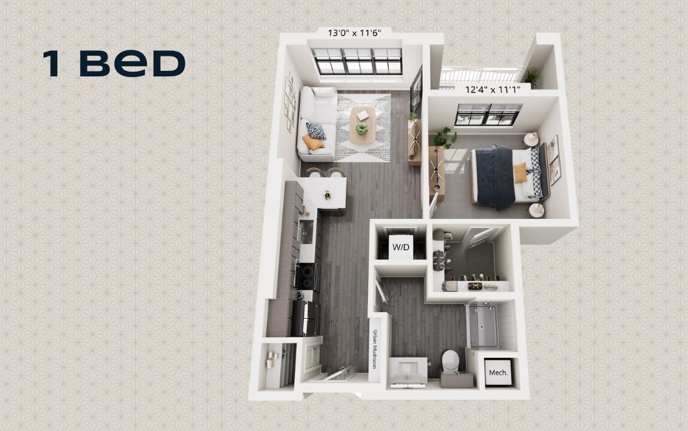 ELM - 1 bedroom floorplan layout with 1 bathroom and 680 square feet ELM - 1 bedroom floorplan layout with 1 bathroom and 680 square feet