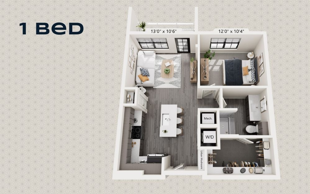 MERIDIAN - 1 bedroom floorplan layout with 1 bathroom and 673 square feet MERIDIAN - 1 bedroom floorplan layout with 1 bathroom and 673 square feet