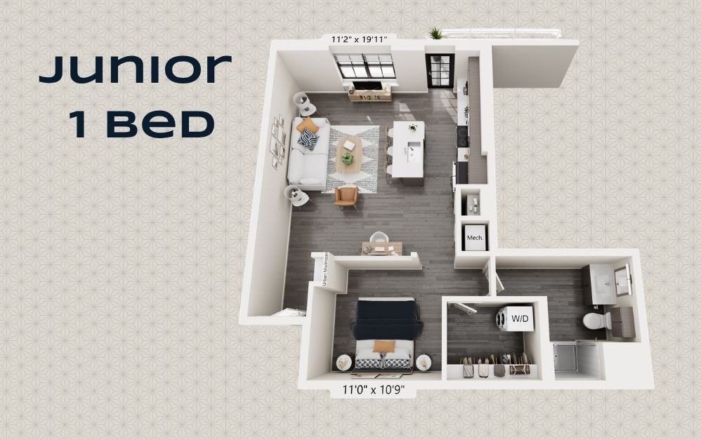 WHEELER - 1 bedroom floorplan layout with 1 bathroom and 760 - 789 square feet