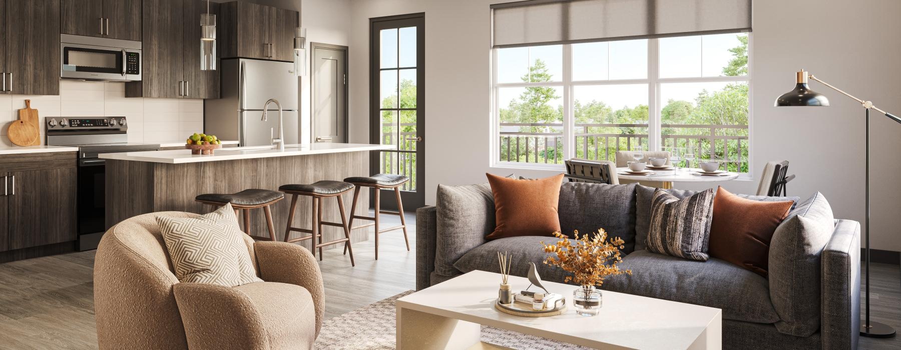 a living room with a large kitchen
